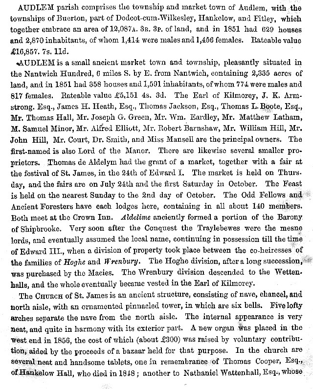 The first page of information about Audlem taken from the 1860 edition of the book History, Gazetteer and Directory of Cheshire