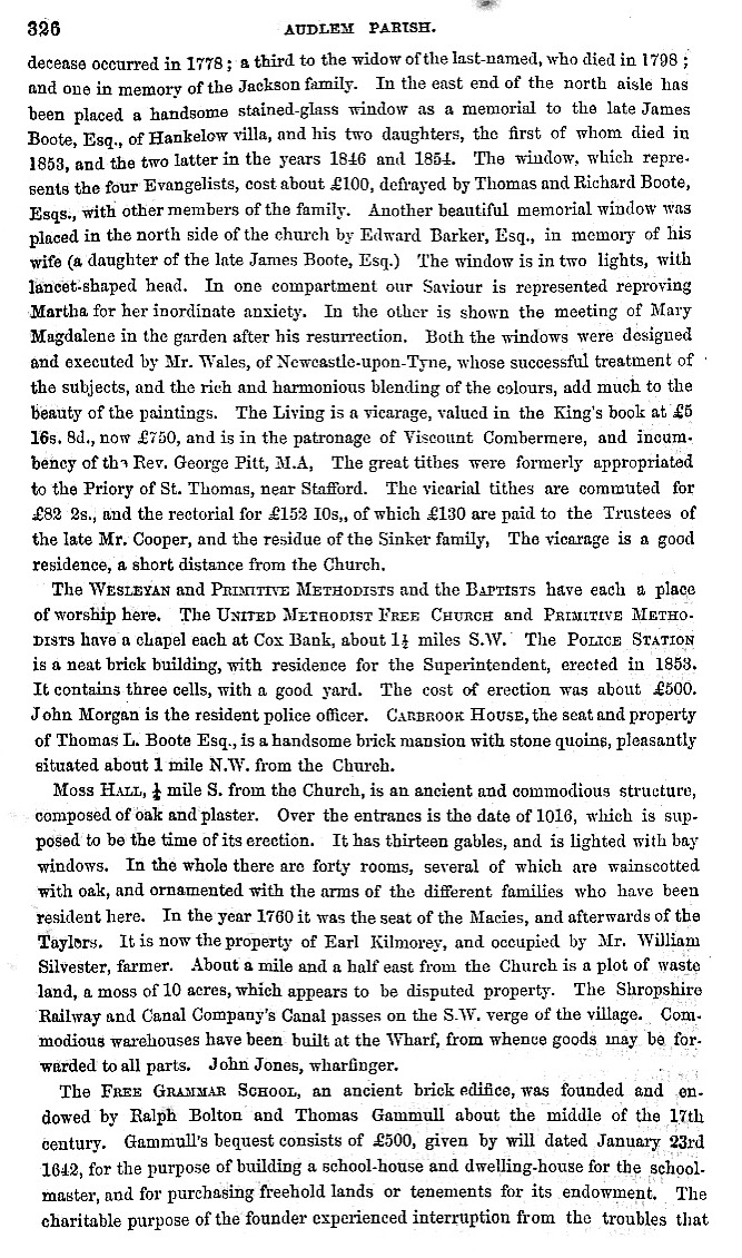 The first page of information about Audlem taken from the 1860 edition of the book History, Gazetteer and Directory of Cheshire