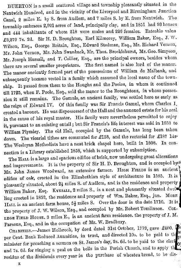 The first page of information about Buerton taken from the 1860 edition of the book History, Gazetteer and Directory of Cheshire