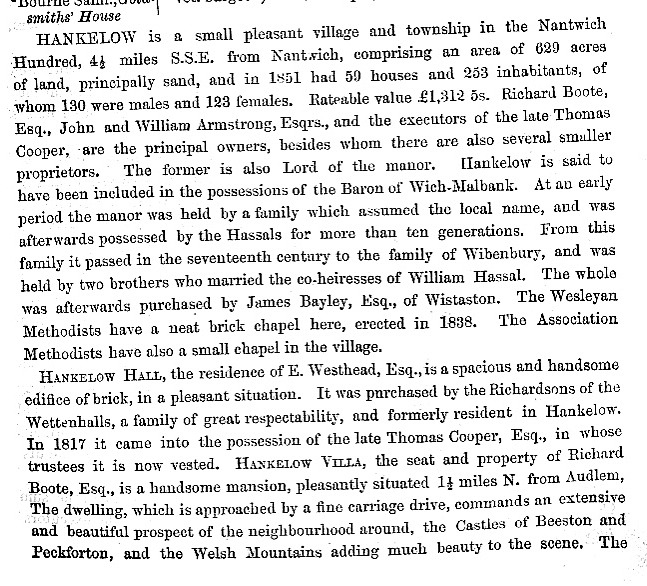The first page of information about Hankelow taken from the 1860 edition of the book History, Gazetteer and Directory of Cheshire