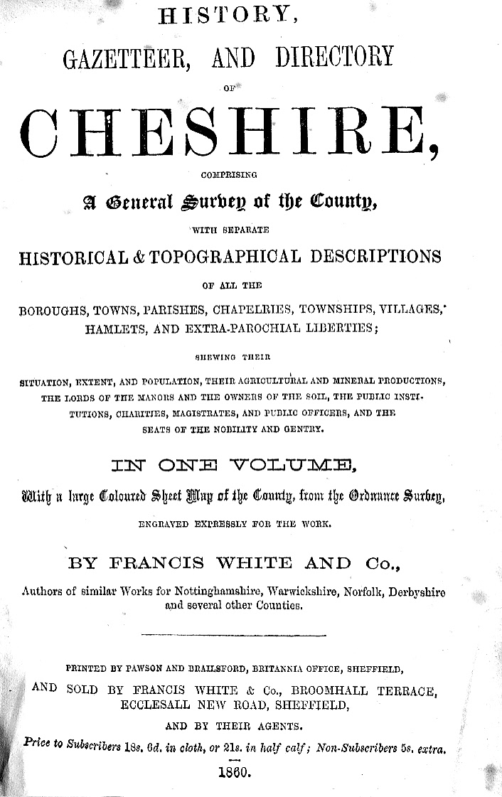 The title page of the 1860 edition of the book History, Gazetteer and Directory of Cheshire