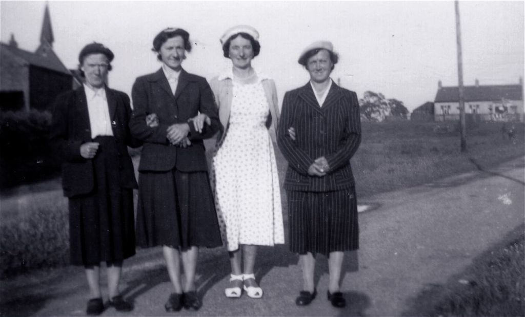 Lilly , Elsie , Olive, and Ethel Bate on Hankelow Green in the late 1930s - image © Des Butler
