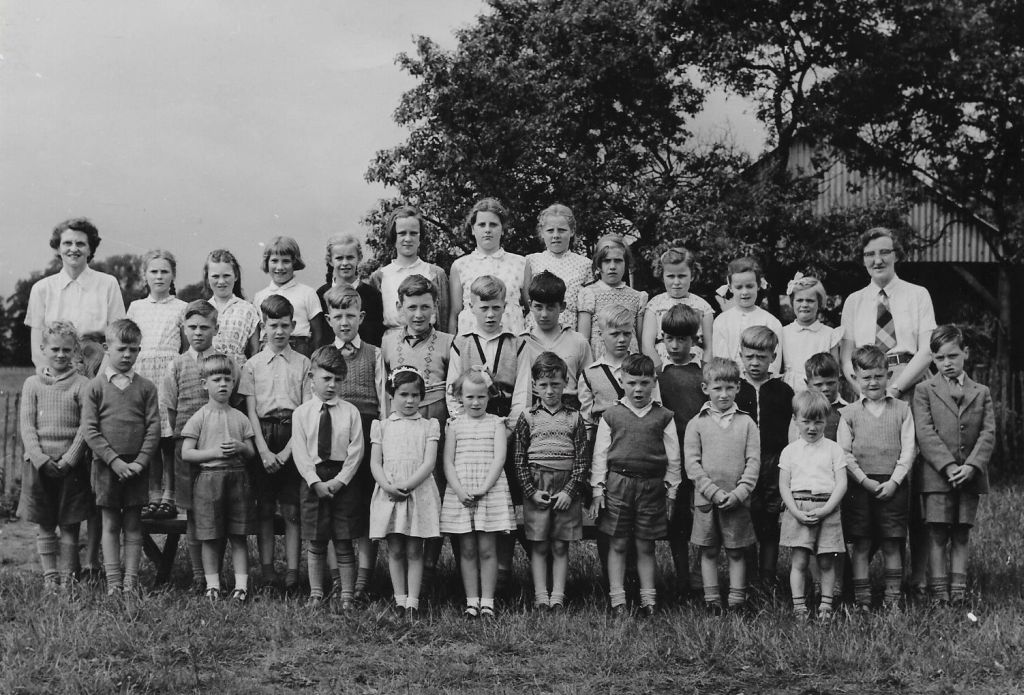 Pupils and teachers at Hankelow Primary School in 1958